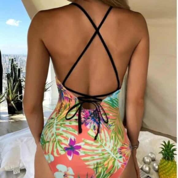 TROPICAL ONE PIECE Bathing Suit Sz L Yellow Mesh Barbiecore Floral GORGEOUS - Picture 3 of 13